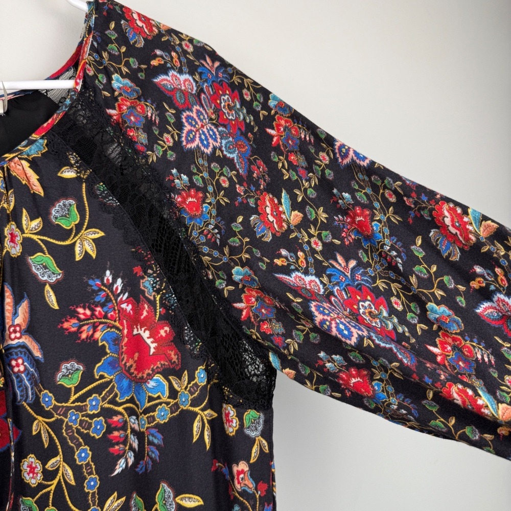 Alice + Olivia Lakita Floral Lace Trim Boho Dress Black Multicolor Tiered Large - Picture 9 of 16